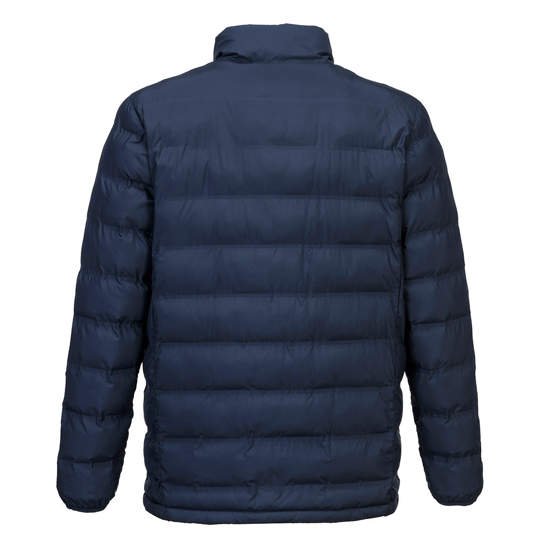 Back view of navy Ultrasonic Tunnel Jacket with horizontal quilting and stand collar.