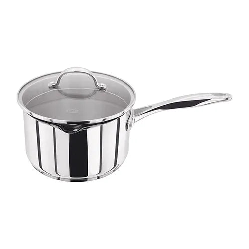 Stainless steel 16cm Stellar Profile draining saucepan with glass lid and long handle on white background