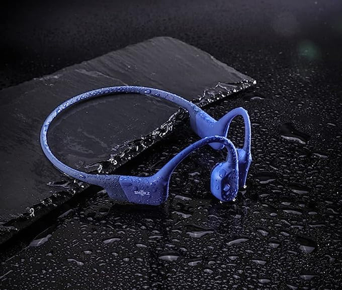 Shokz OpenRun S803 Mini Blue wireless bone conduction headphones, open-ear, waterproof, long battery, at Keans Claremorris.