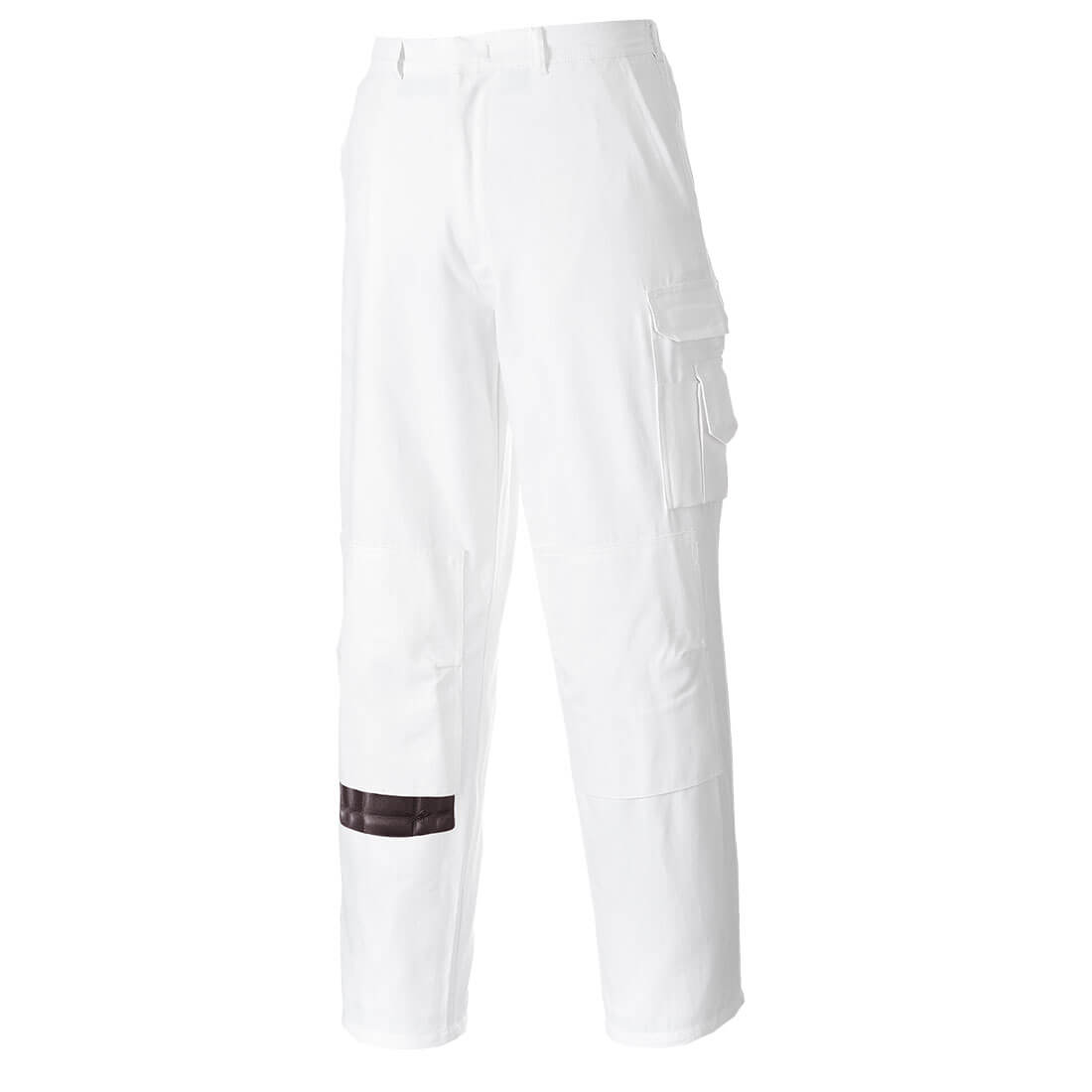 White painters trousers with multiple pockets and reinforced knee patch on a plain background.