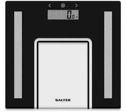 Salter 9128 Black Glass Analyser Bathroom Scale with body fat, BMI, water % tracking, LCD display – available at Kean’s