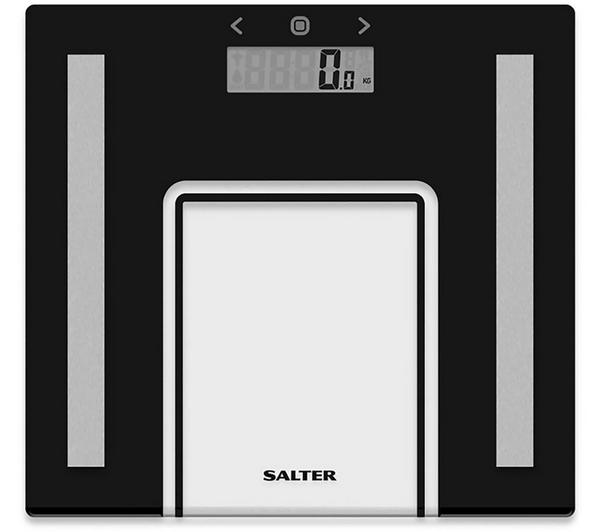 Salter 9128 Black Glass Analyser Bathroom Scale with body fat, BMI, water % tracking, LCD display – available at Kean’s