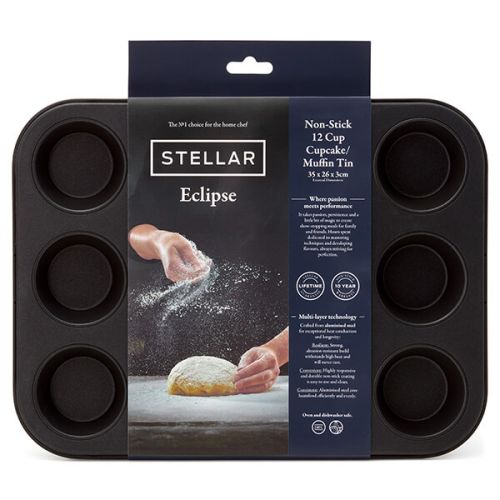 Stellar Eclipse 12 Cup Cupcake Muffin Tin non-stick bakeware by Keans Claremorris, durable and easy to clean.