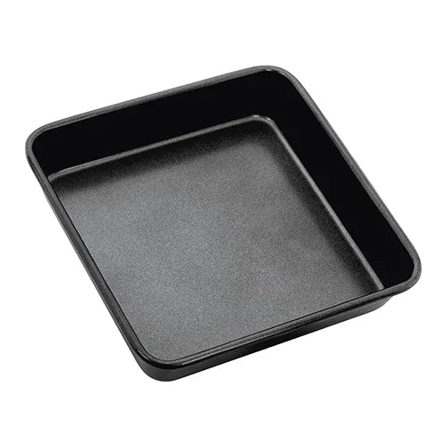 Stellar Bakeware 9" square non-stick cake tin with high-grade steel and rolled edges, angled view.