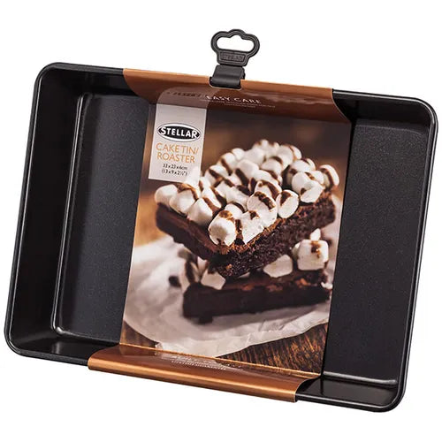 Stellar Bakeware non-stick cake tin and roaster 35x24x6cm with packaging showing marshmallow brownie image