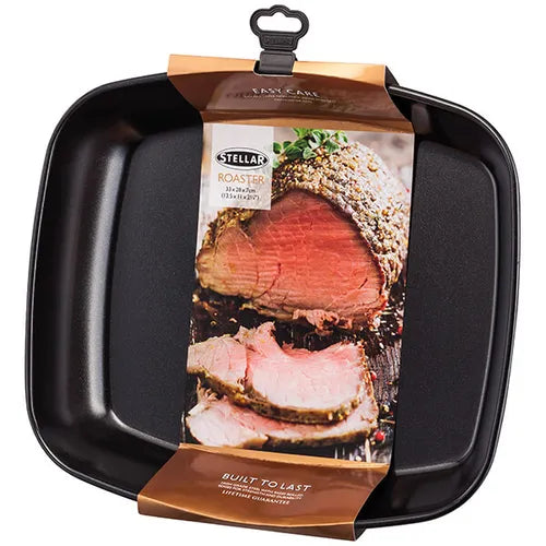 Stellar Bakeware non-stick roasting tray 34x30x7cm with packaging showing roast beef image and product details.