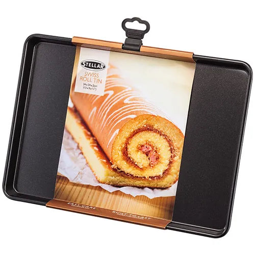 Stellar Bakeware non-stick Swiss roll tin with packaging showing a rolled cake image, 35x25x2 cm.