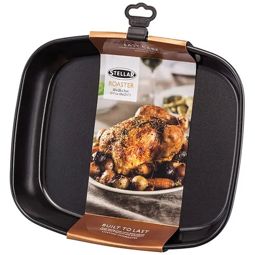 Stellar Bakeware non-stick roasting tray 30x26x6cm with packaging showing roasted chicken image