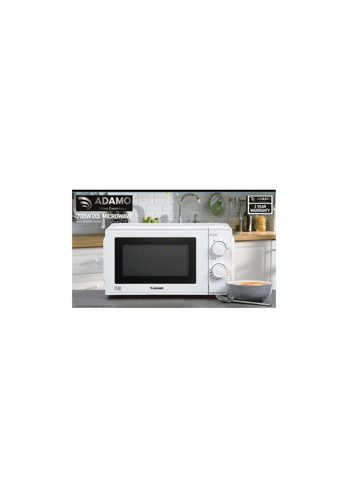 Adamo 20L Manual Microwave SDA2637ED in White, compact design, available at Keans Claremorris.