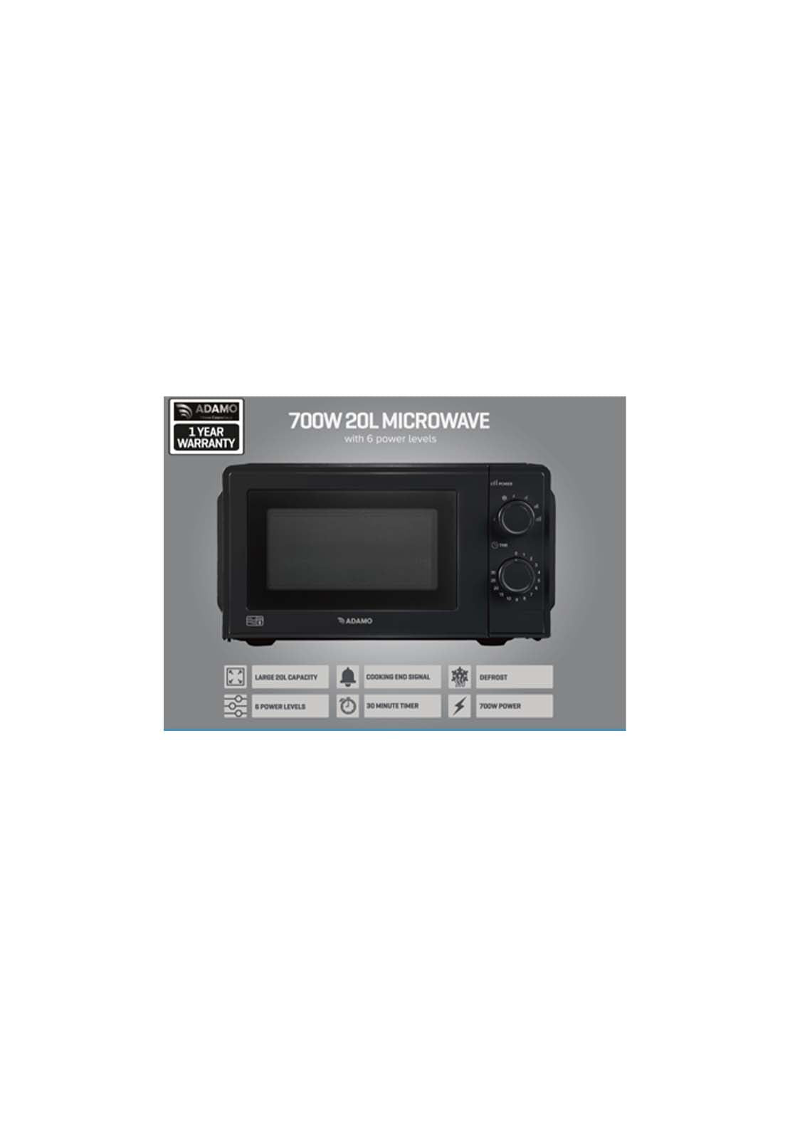 Adamo 20L Manual Microwave 700W Black with 6 Power Levels, Defrost, 30-Min Timer - Keans Claremorris