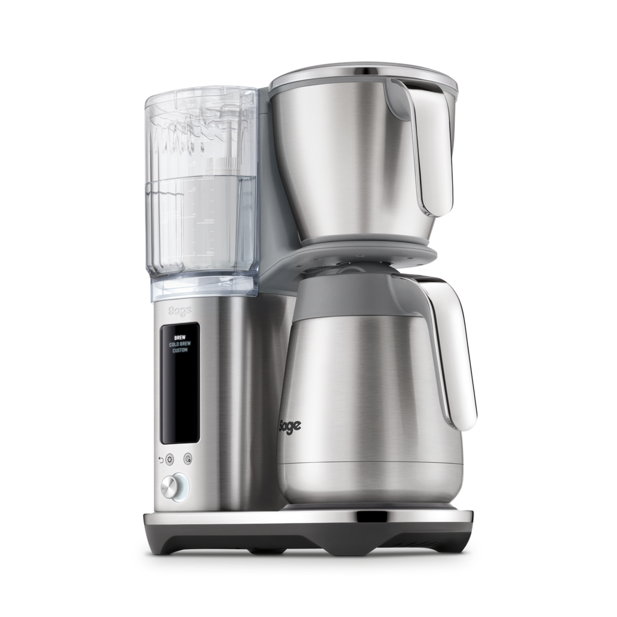Sage Precision Brewer Thermal in brushed steel with water tank, digital display, and thermal carafe on base.