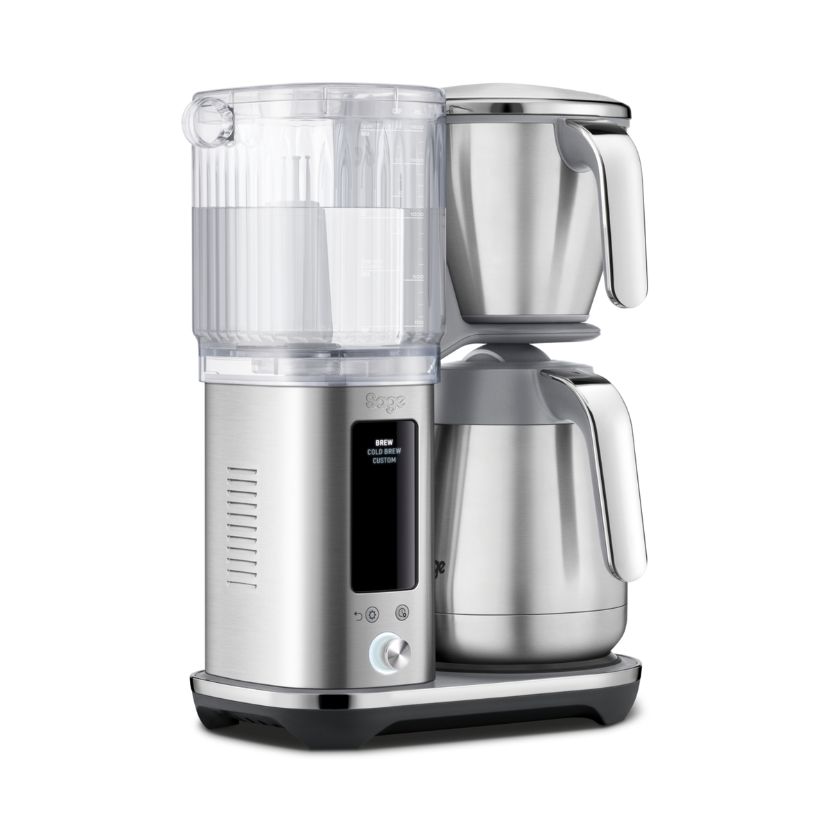 Sage Precision Brewer Thermal in brushed steel with digital display, water tank, and stainless steel thermal carafe.