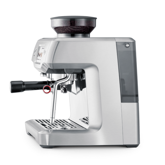 A sleek, modern espresso machine with a brushed silver metallic body, a dark bean hopper on top, and a black portafilter handle, shown against a solid white background.