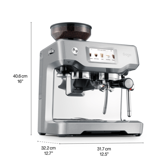 A silver Saga espresso machine with a bean hopper on top, shown on a white background with dimension labels indicating height of 40.6 cm (16") and widths of 32.