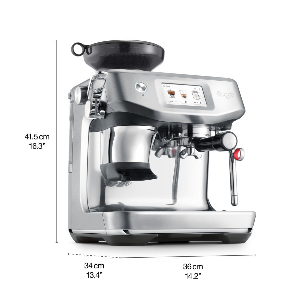 Sage Barista Touch Impress stainless steel espresso machine with digital display and steam wand, side view.