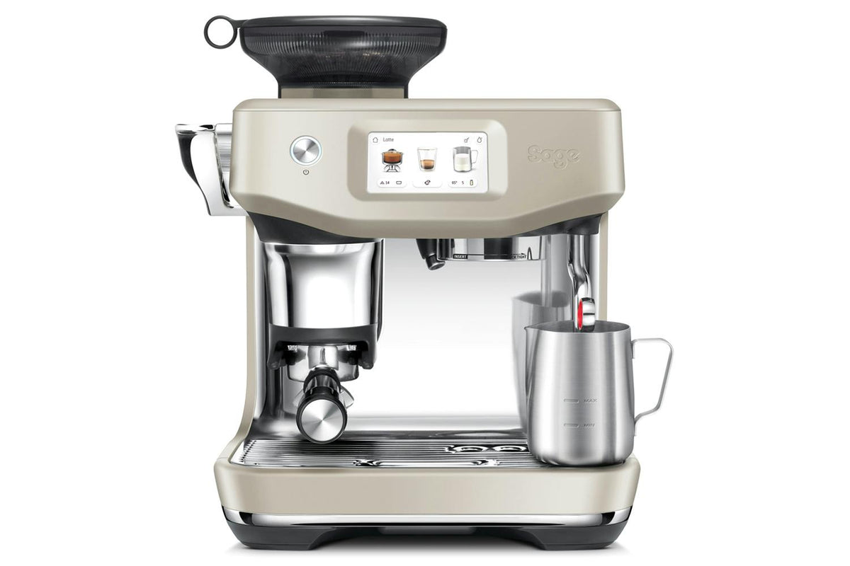 Sage Barista Touch Impress espresso machine in Almond Nougat with touchscreen and milk frothing jug.