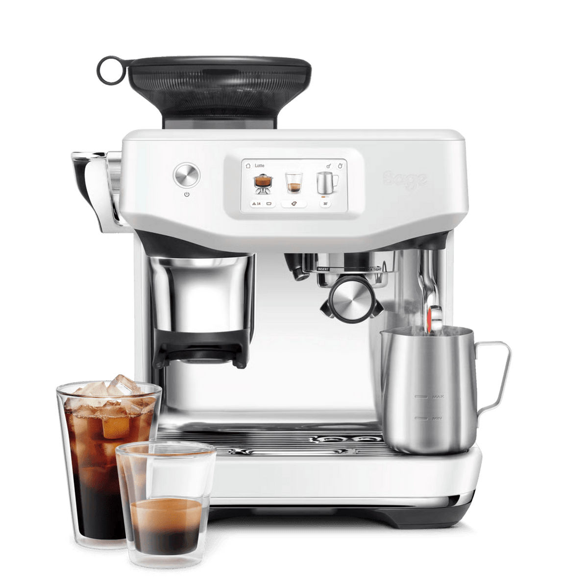 Sage Touch Impress espresso machine in sea salt with touchscreen, milk frother, and two coffee glasses.