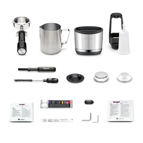 Accessories and cleaning tools for Sage Oracle Dual Boiler Stainless Steel espresso machine arranged on white background.
