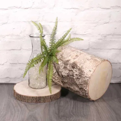 30cm artificial forest fern with realistic green leaves in a clear glass vase on a wood slice display.