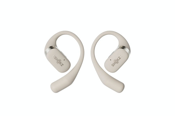Shokz OpenFit True Wireless Beige Earbuds, open-ear design, 28-hour battery, AI noise cancellation, IP54 water-resistant –