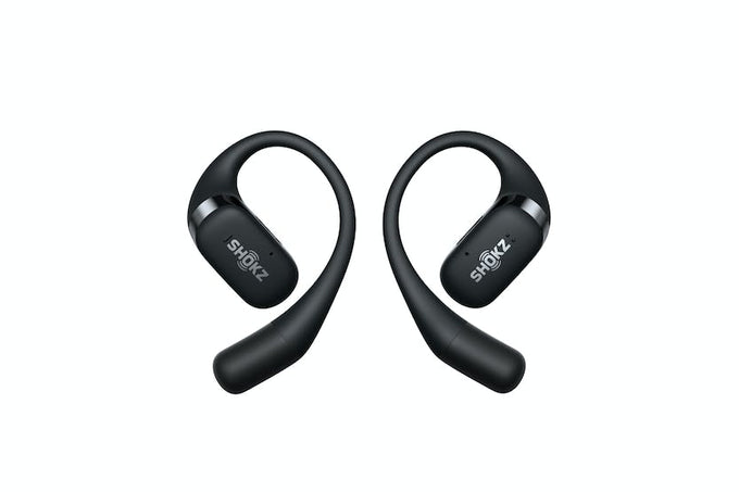 Shokz OpenFit True Wireless Earbuds in Black, open-ear design, premium bass, AI noise-cancelling mics, sold at Kean’s