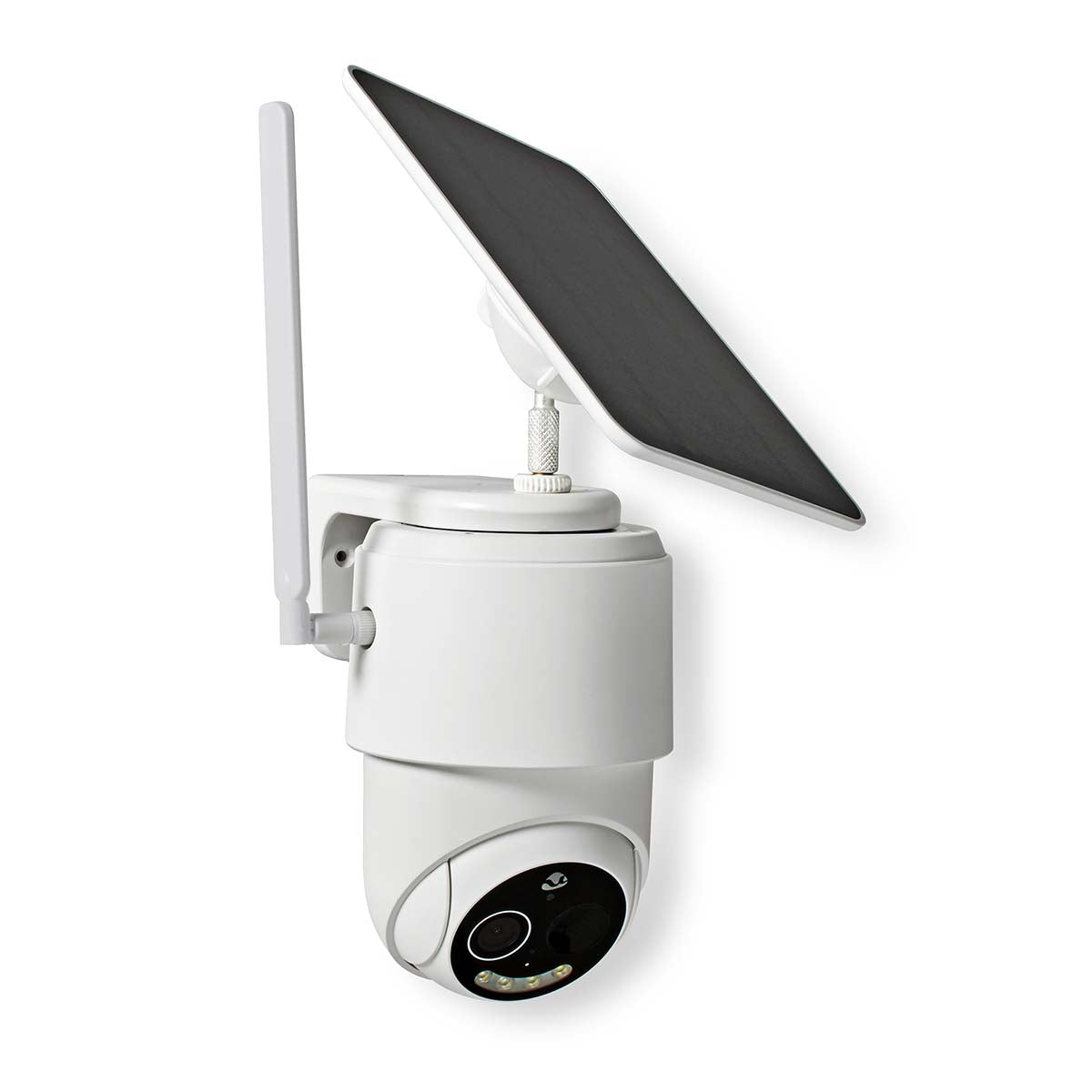 White Nedis SmartLife outdoor security camera with attached solar panel and antenna on a white background