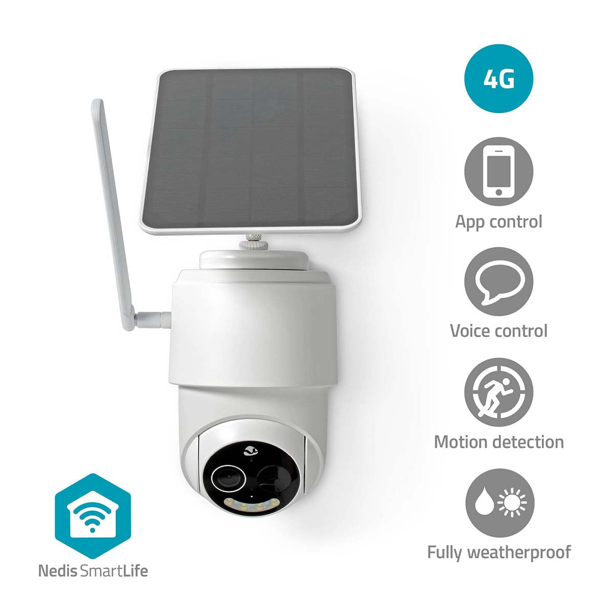 Nedis SmartLife 4G outdoor security camera with solar panel, antenna, and icons for app, voice, motion, and weatherproof