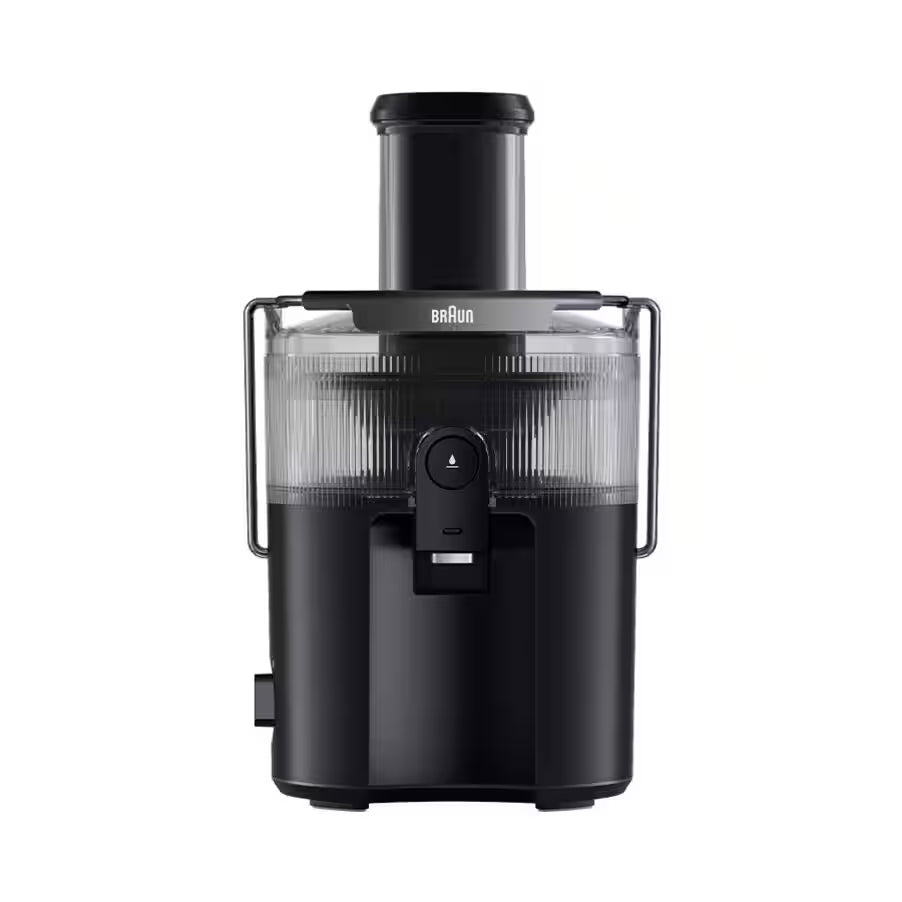 Braun Multijuice Spin Juicer SJ5000BK in black with clear pulp container and front spout latch.