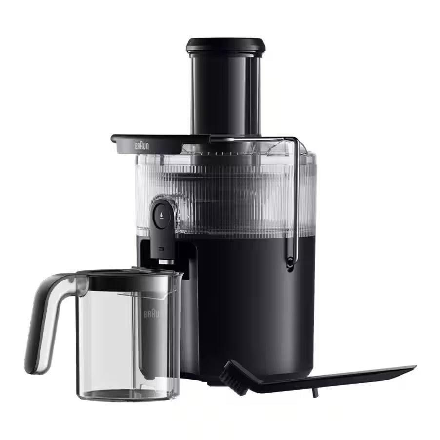 Braun Multijuice Spin Juicer SJ5000BK in black with clear juice container and cleaning brush on white background