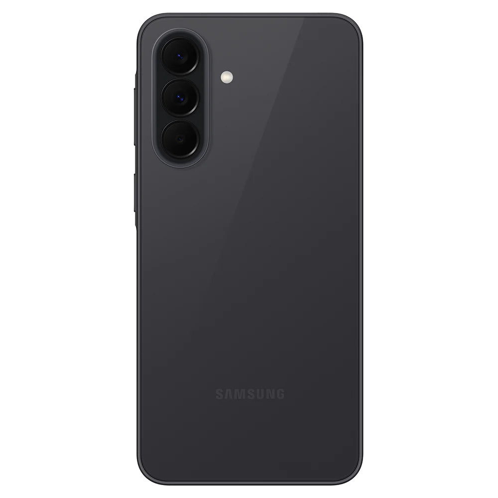 Samsung Galaxy A37 5G in dark grey showing the back with triple camera and flash.