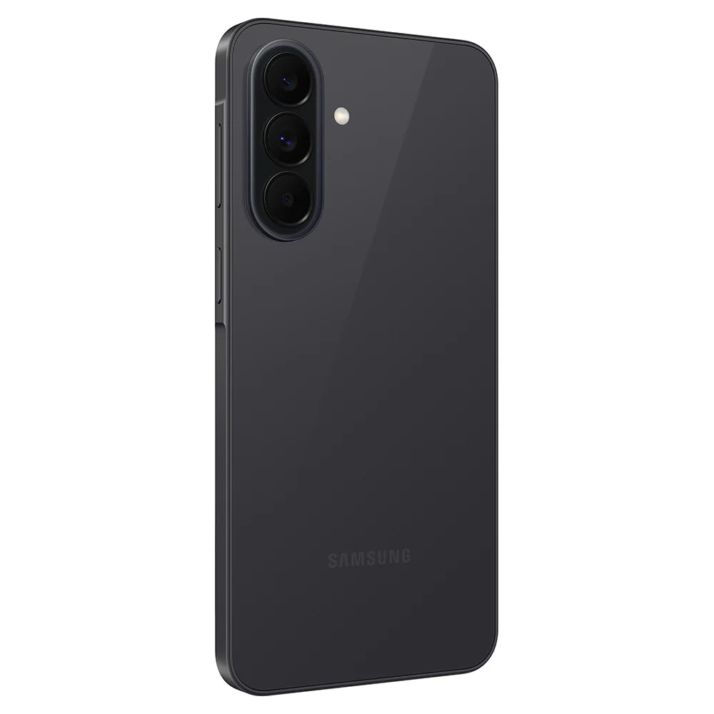 Samsung Galaxy A37 5G in dark grey showing the back with triple camera and flash on left side