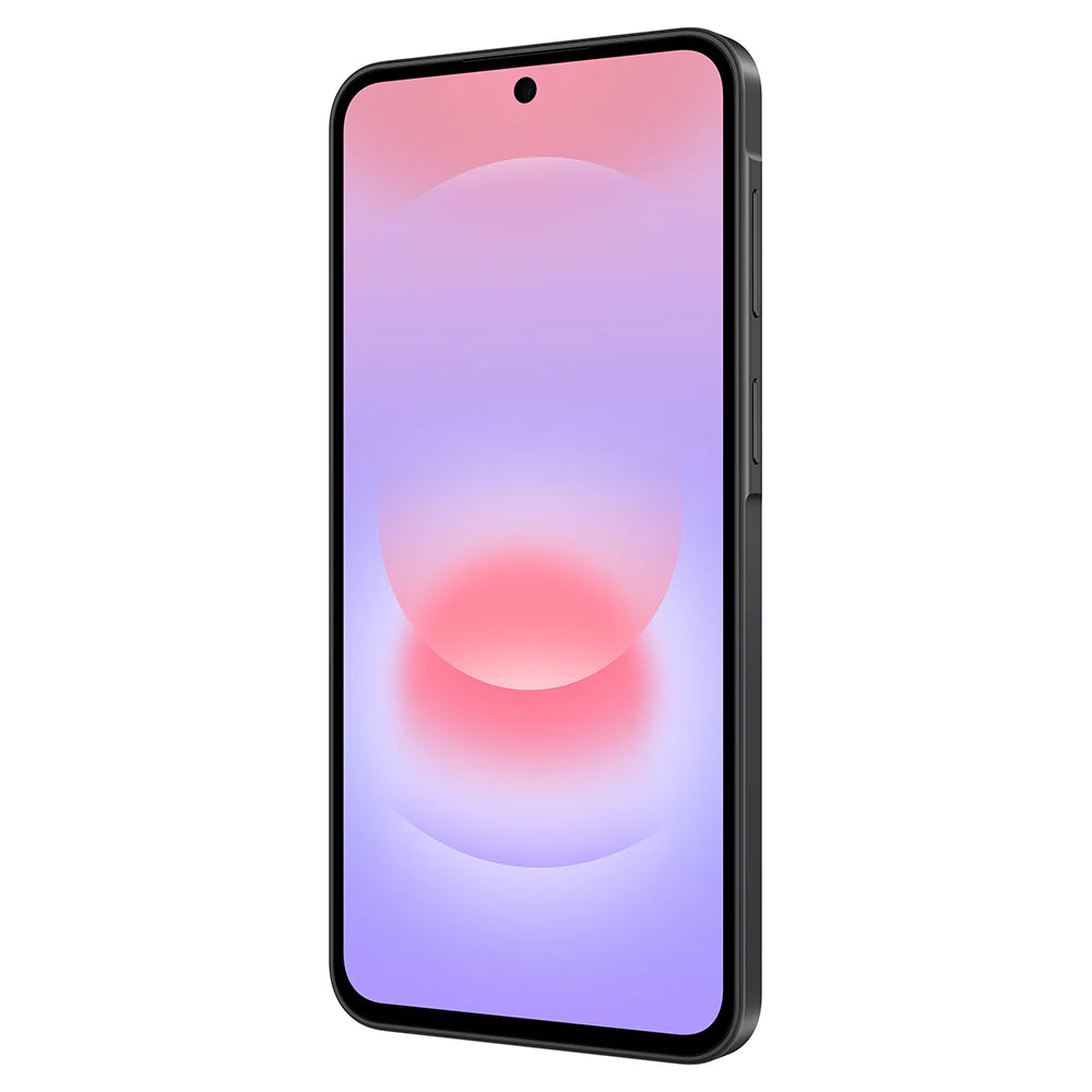 Samsung Galaxy A37 5G in dark grey, angled front view with screen on showing gradient wallpaper