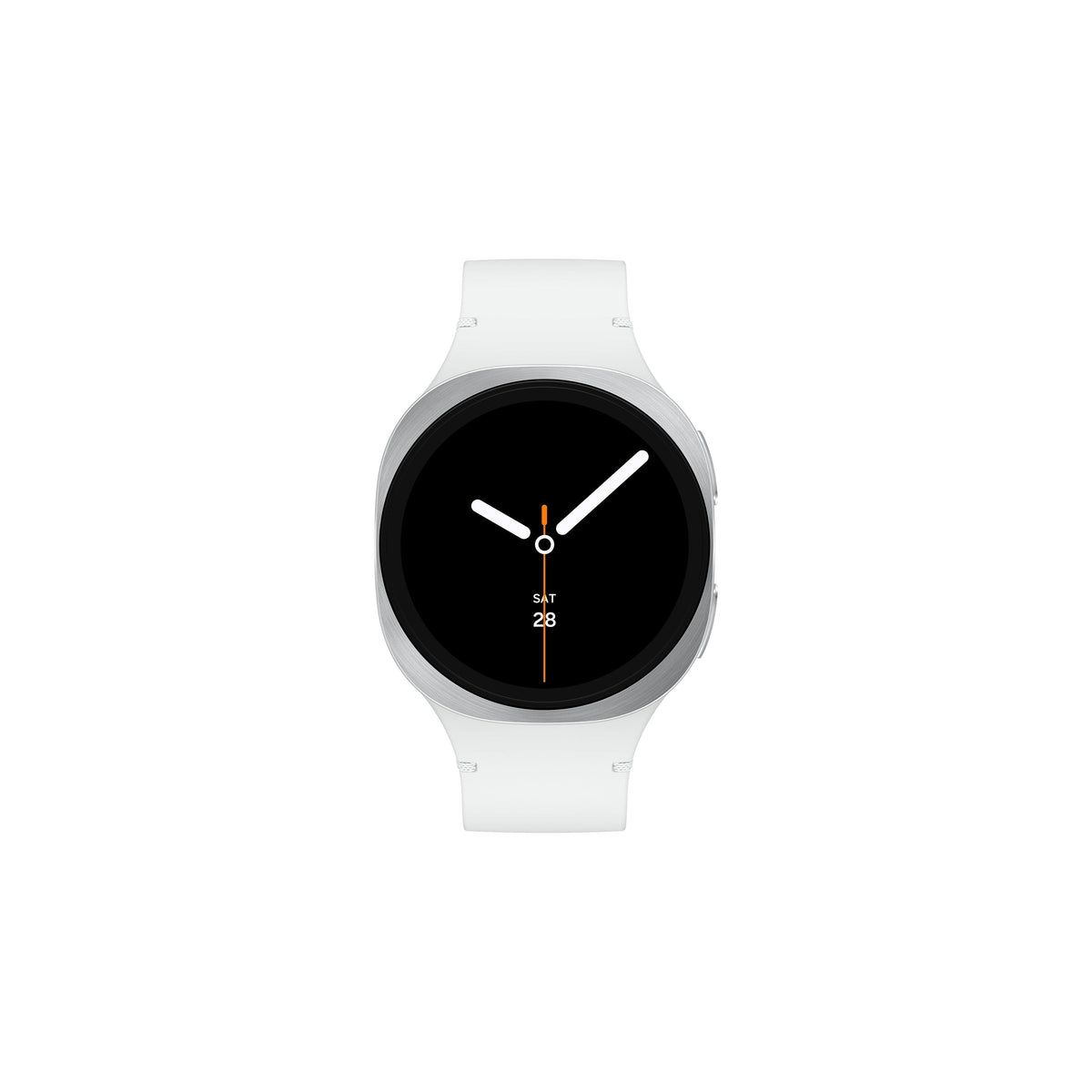 Samsung Galaxy Watch 8 with silver bezel and white strap, showing analog clock face with date display.