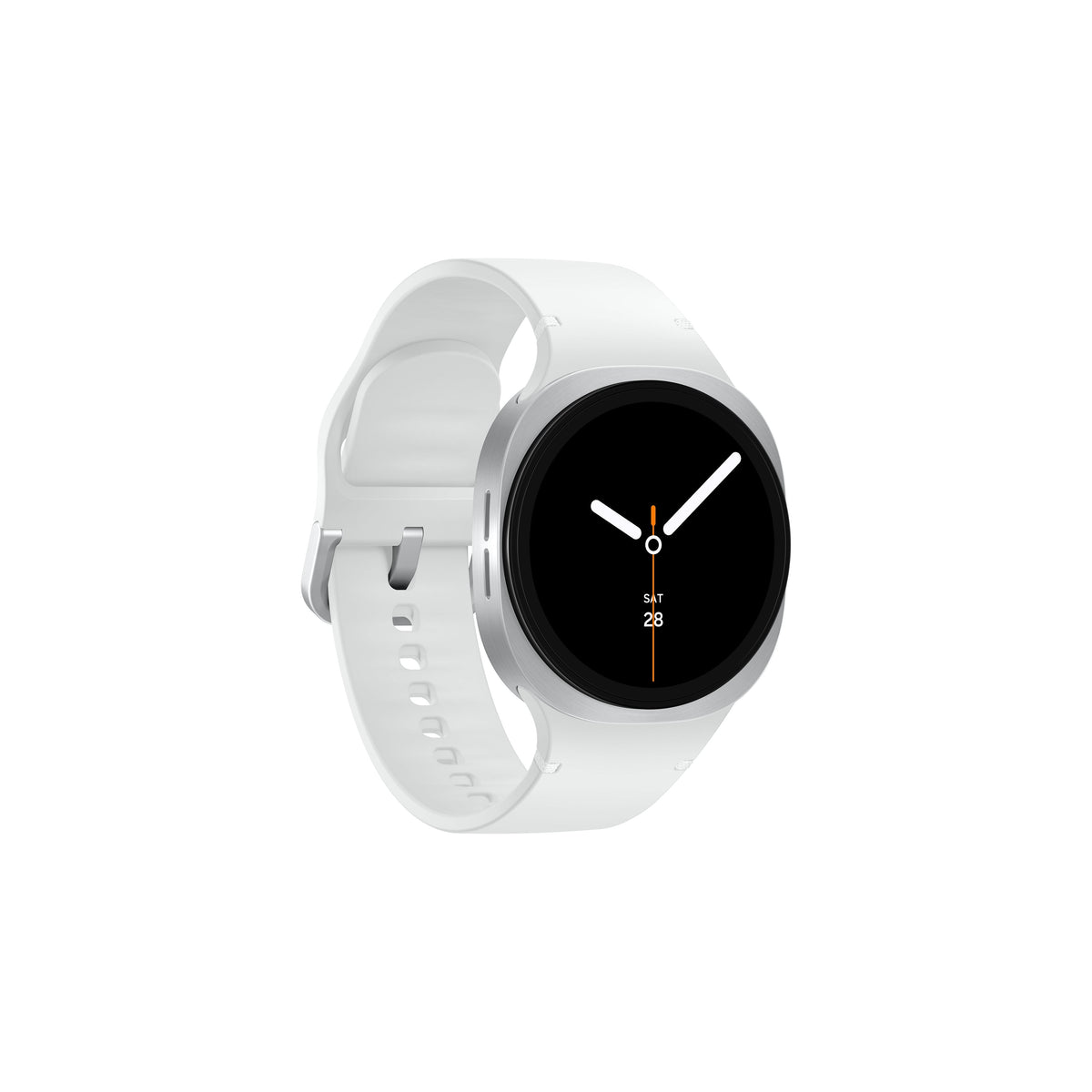 Samsung Galaxy Watch 8 with silver bezel and white silicone strap, showing a black watch face with white hands.