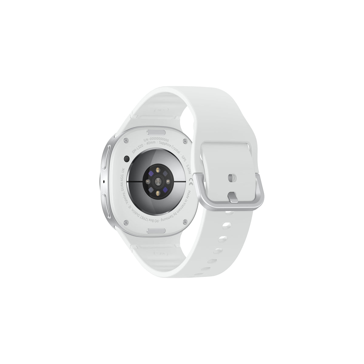 Back view of Samsung Galaxy Watch 8 40MM Bluetooth in silver with white strap showing sensor and markings.