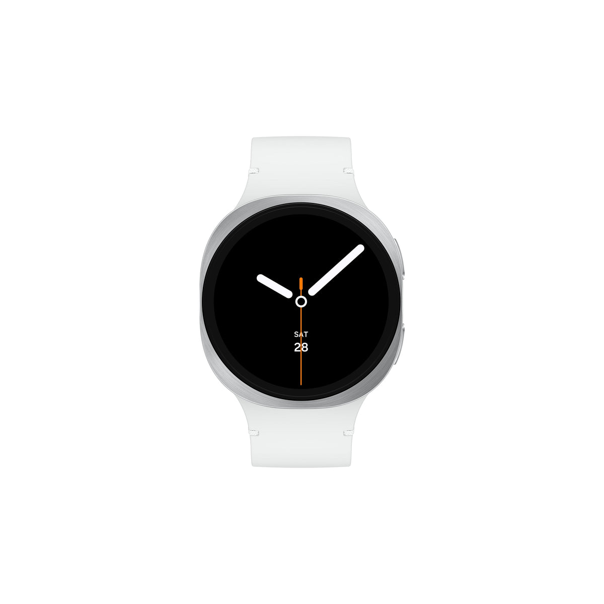 Samsung Galaxy Watch 8 with silver bezel and white band, showing analog clock face with date.