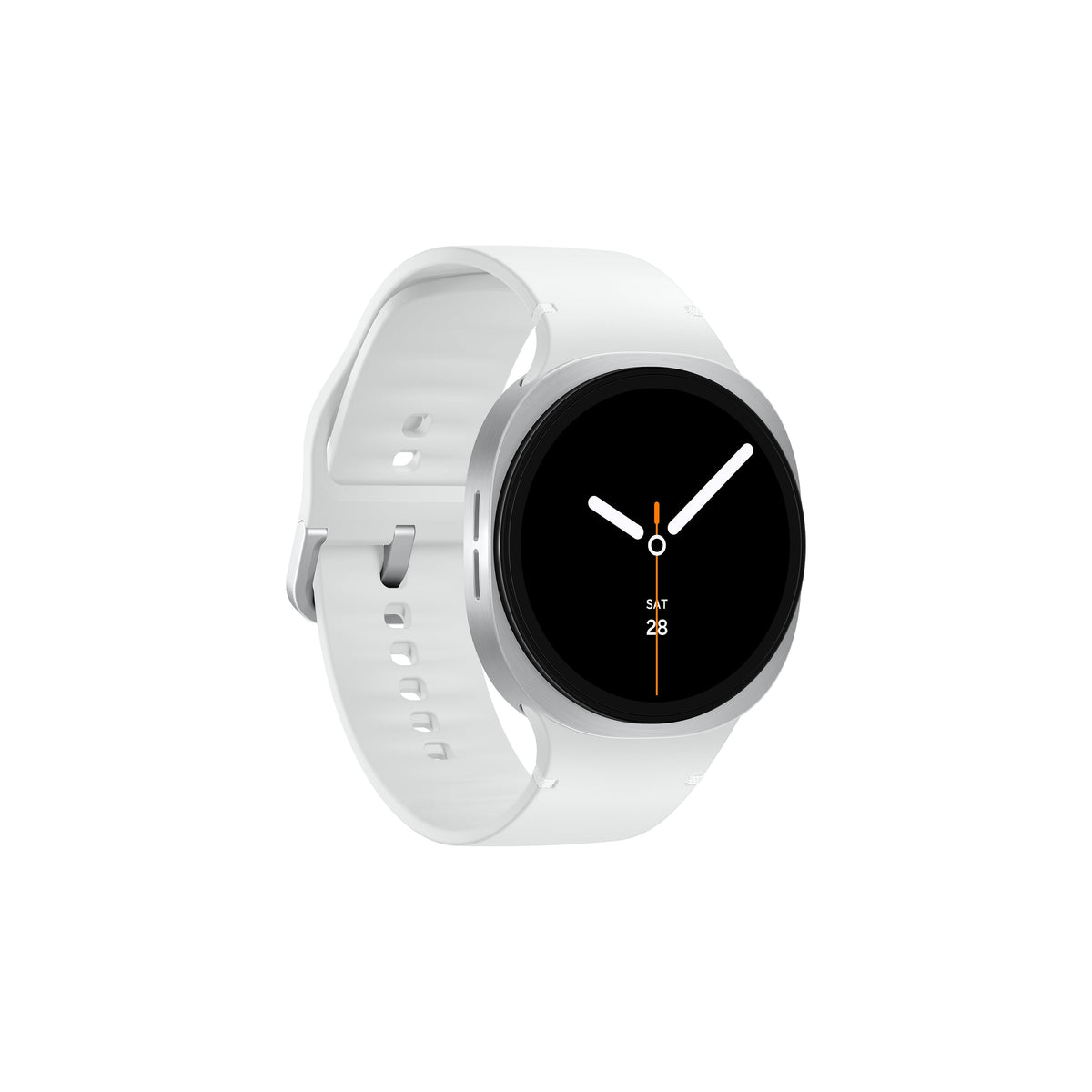 Samsung Galaxy Watch 8 44MM Bluetooth in silver with white band, showing round black watch face with time display