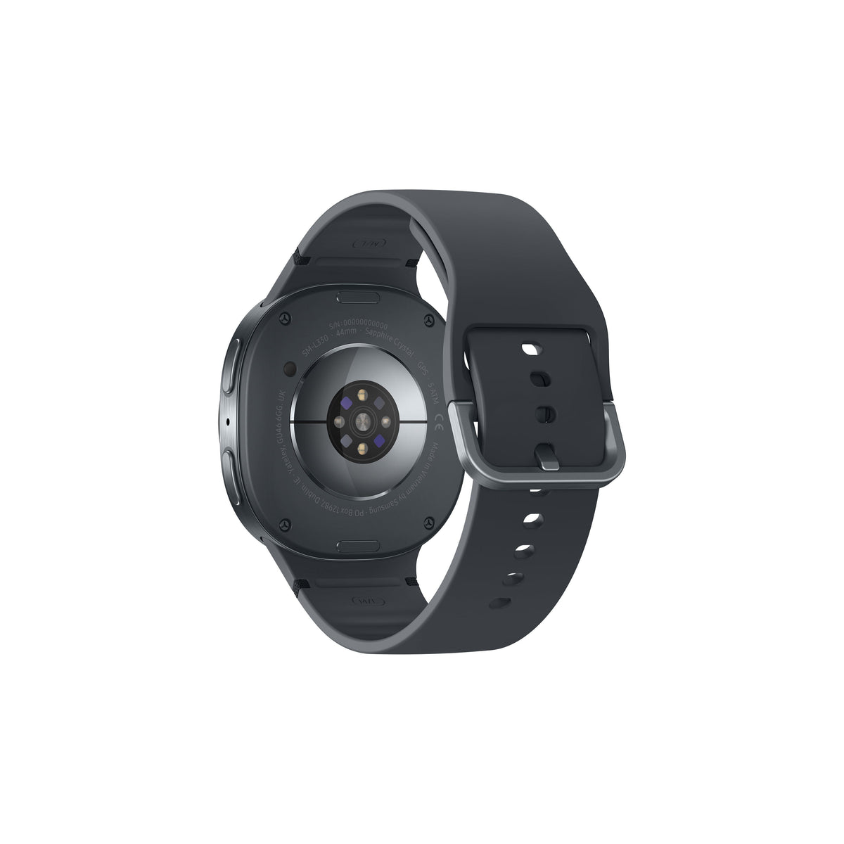 Samsung Galaxy Watch 8 44MM in graphite, showing the back sensor and part of the strap buckle.