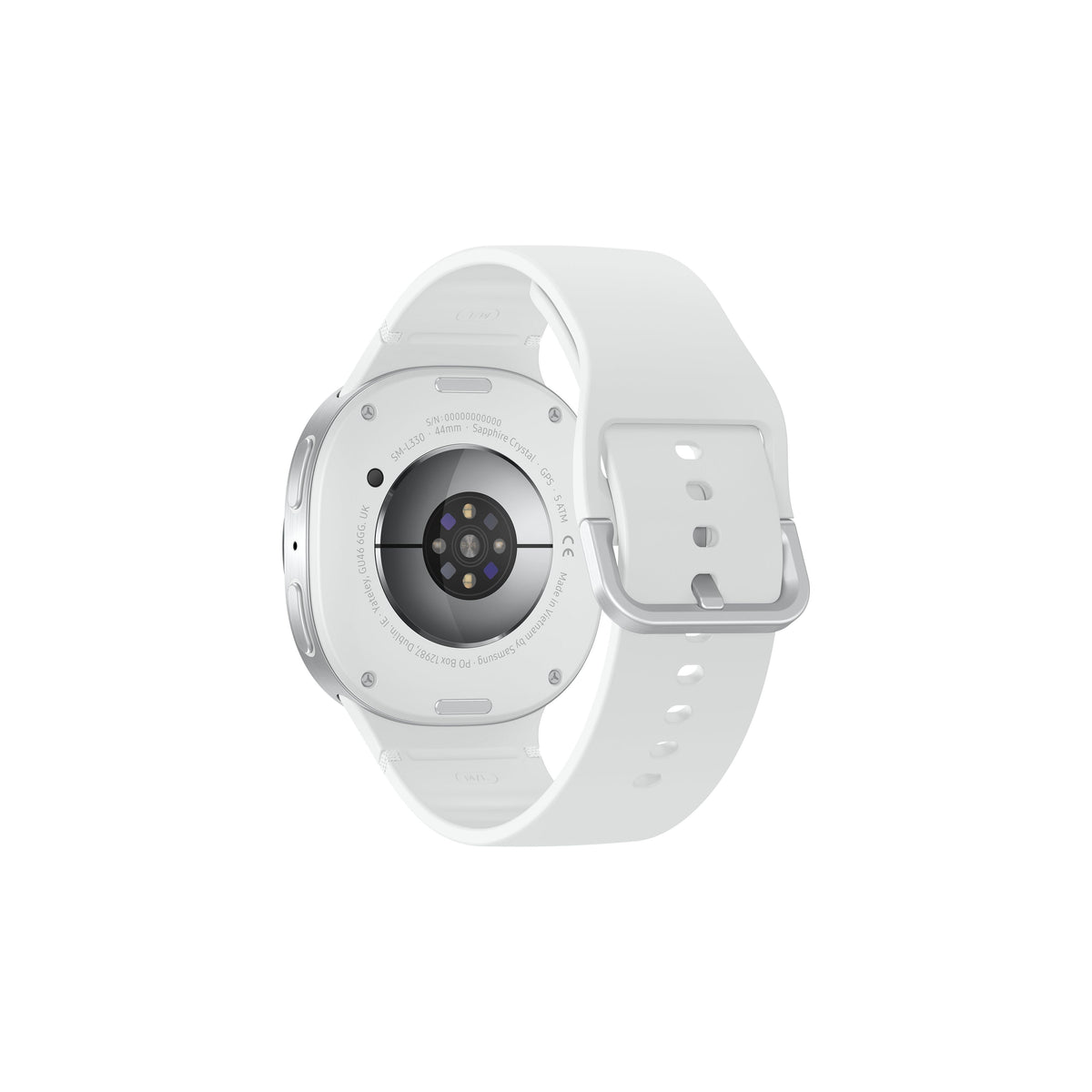 Samsung Galaxy Watch 8 44MM in silver, showing the back with sensor and white strap buckle.