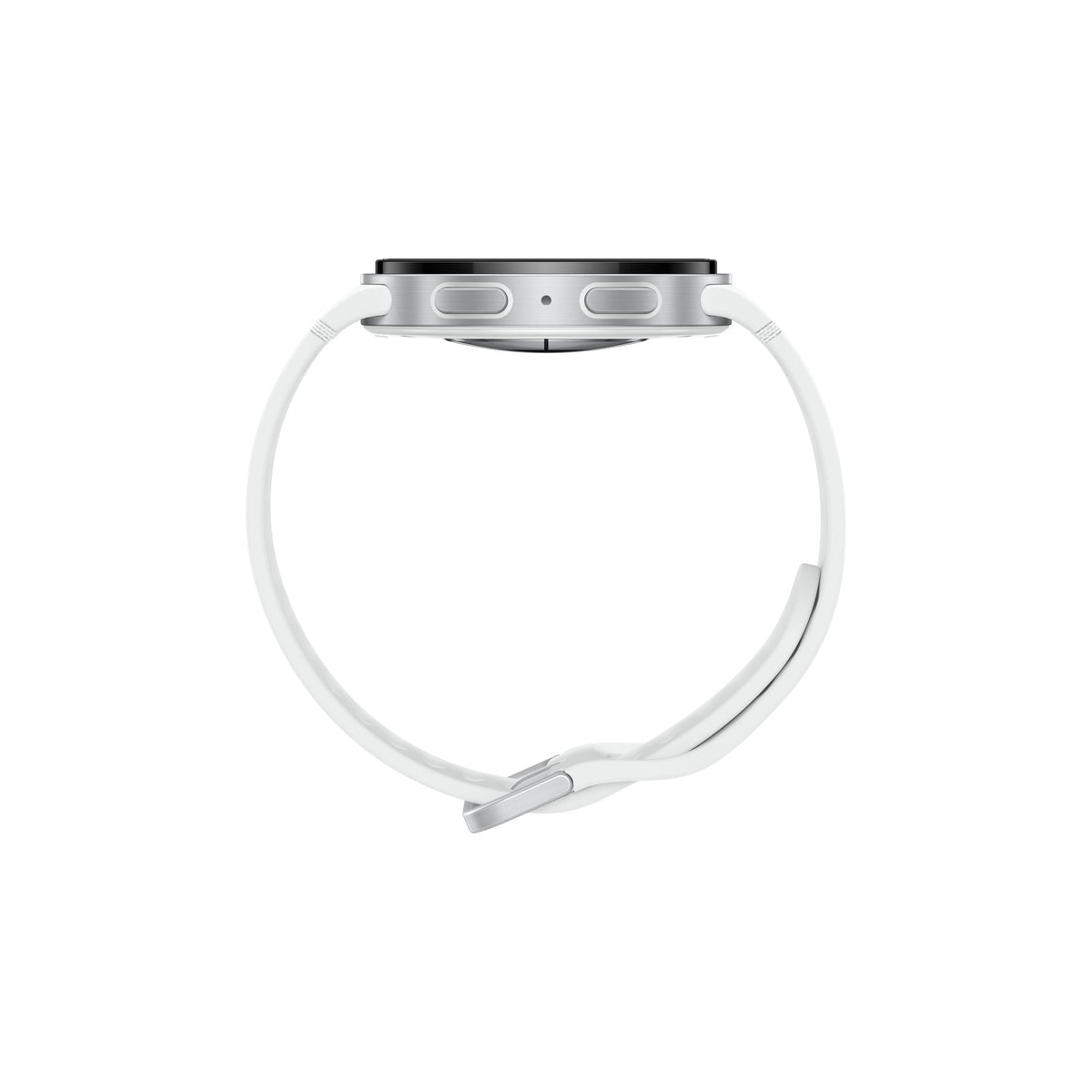Side view of Samsung Galaxy Watch 8 44MM Bluetooth in silver with white strap and two buttons on the case.