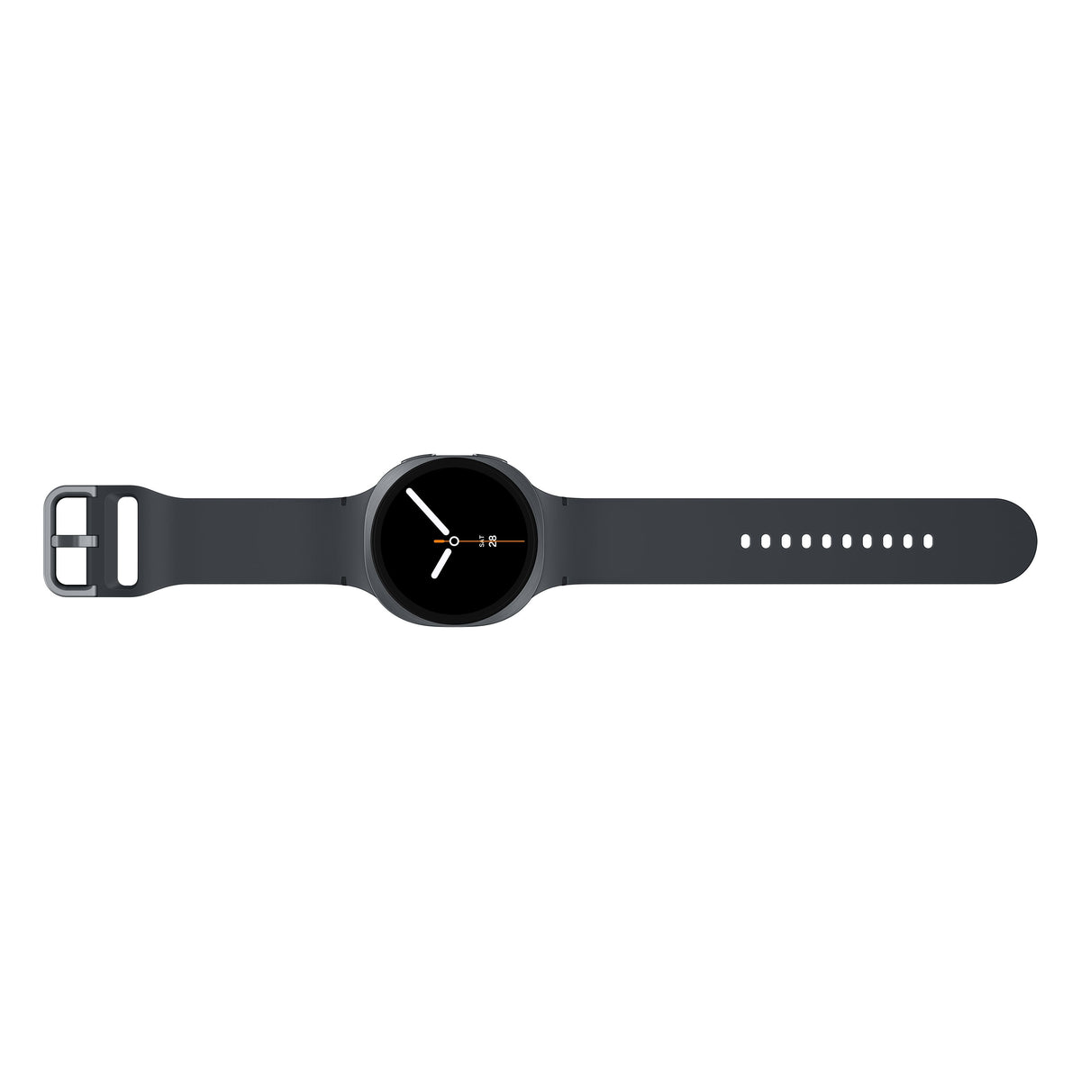 Samsung Galaxy Watch 8 44MM Bluetooth in graphite, front view with black watch face and gray strap laid flat