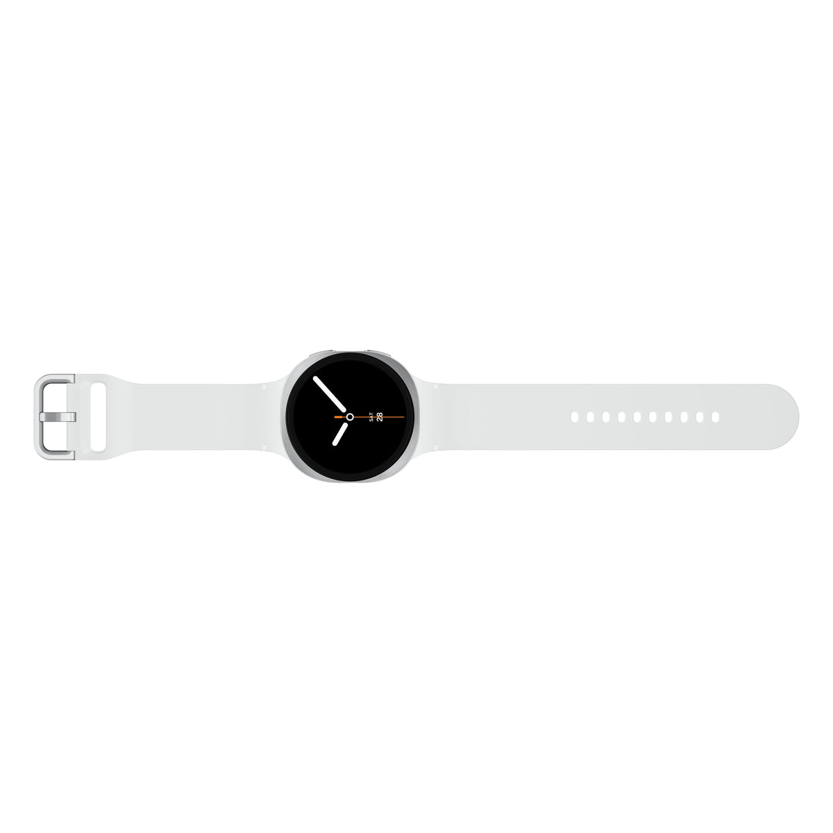 Samsung Galaxy Watch 8 44MM in silver with white strap, showing a black watch face with analog clock display.