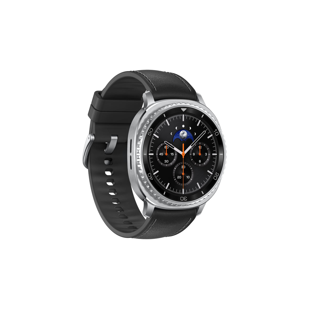 Samsung Galaxy Watch 8 Classic 47MM with black leather and silicone strap, showing moon phase watch face.