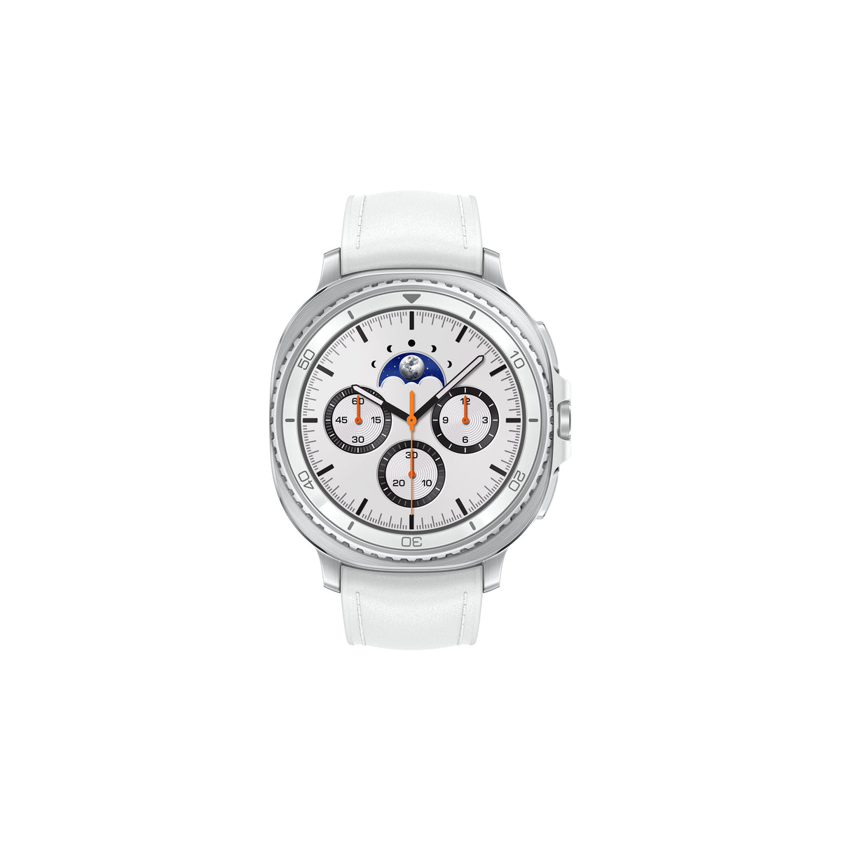 Samsung Galaxy Watch 8 Classic 47MM in white with a detailed moon phase and chronograph watch face.