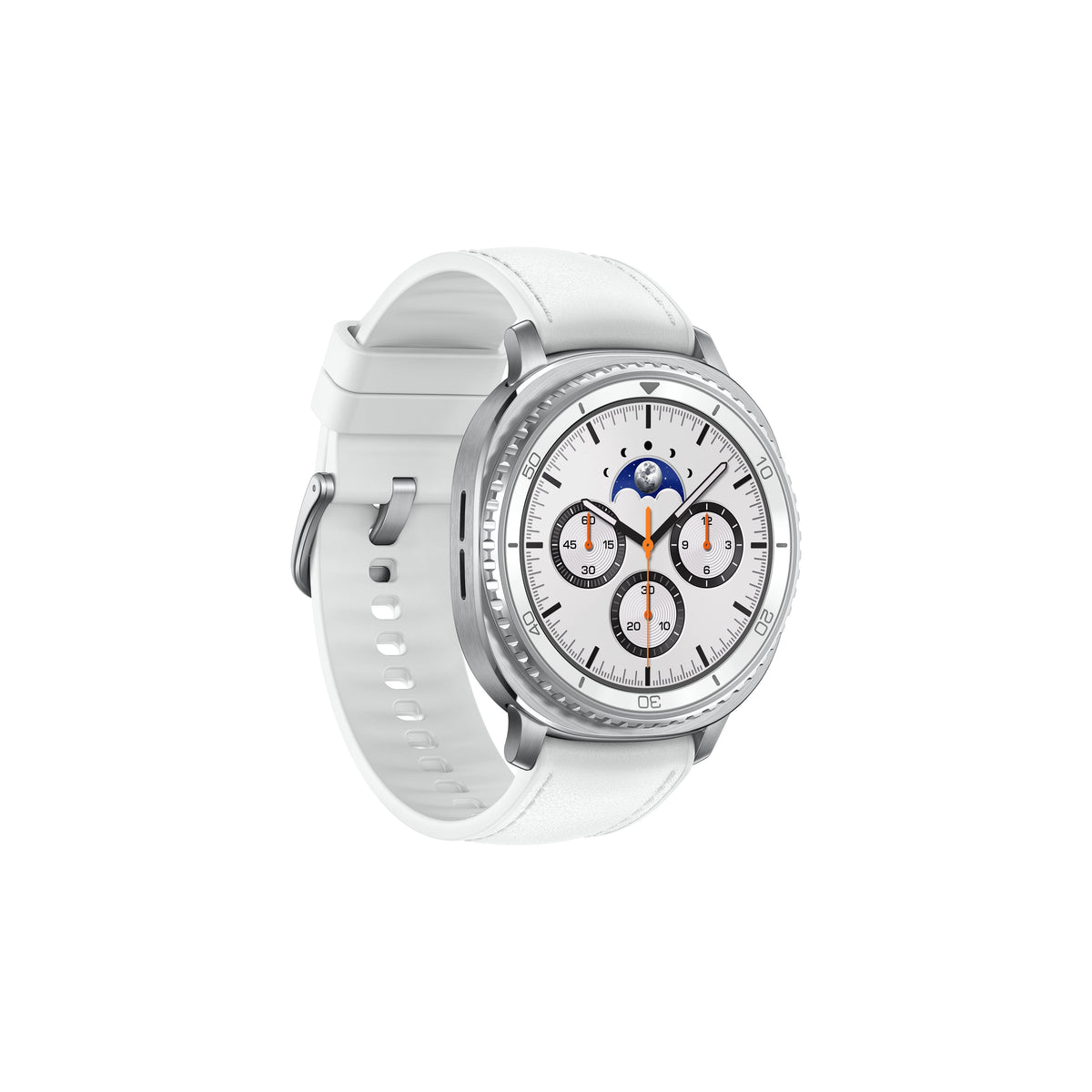 Samsung Galaxy Watch 8 Classic 47MM in white with silver bezel and detailed watch face showing moon phase and chronograph