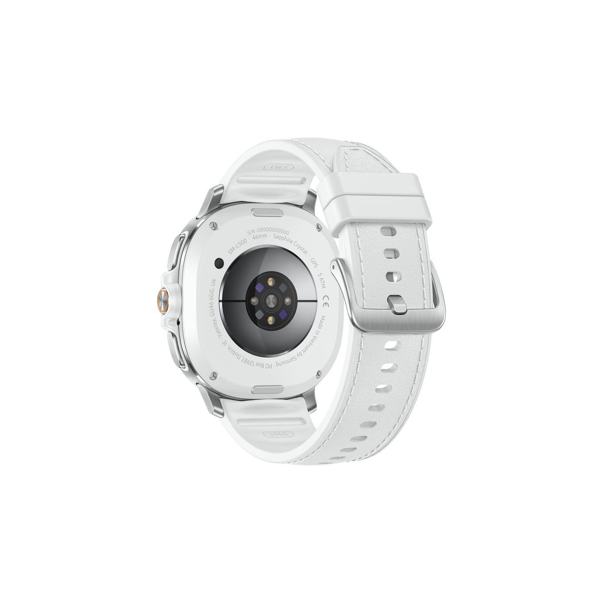 Back view of Samsung Galaxy Watch 8 Classic 47MM Bluetooth in white with sensor and strap buckle visible.