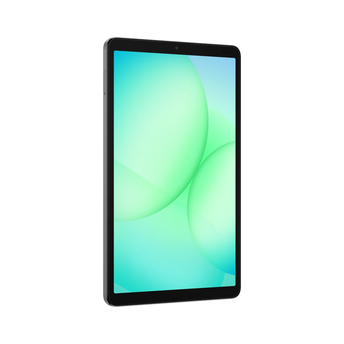 Samsung Galaxy Tab A11 64GB in grey, angled view showing screen and side buttons.
