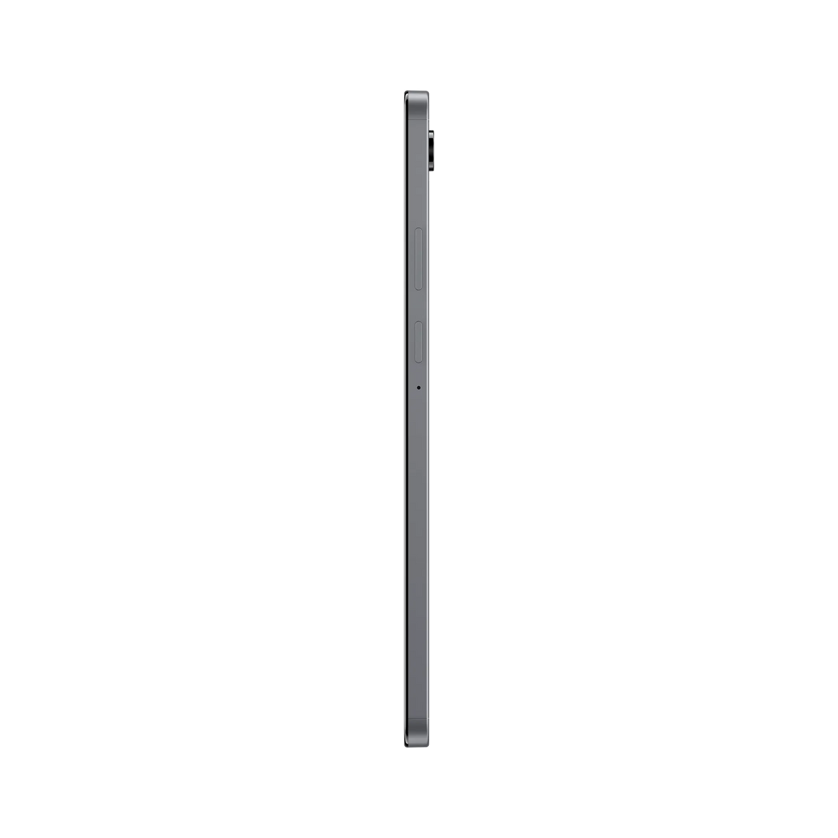 Samsung Galaxy Tab A11 in grey, showing the left side edge with volume and power buttons.