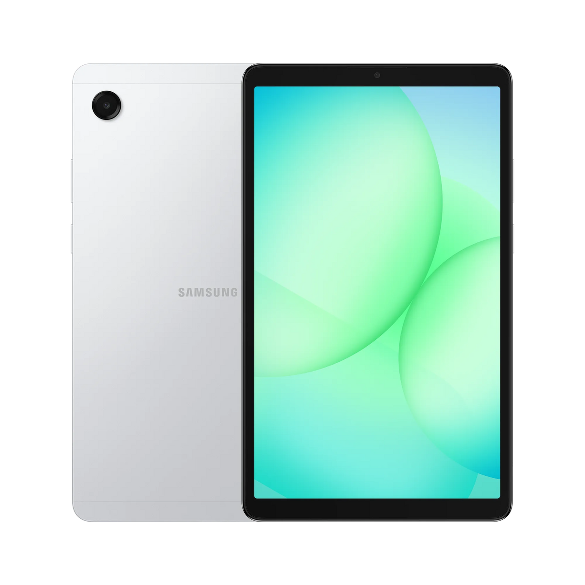 Samsung Galaxy Tab A11 tablet in silver, front screen and rear camera visible, slim design.