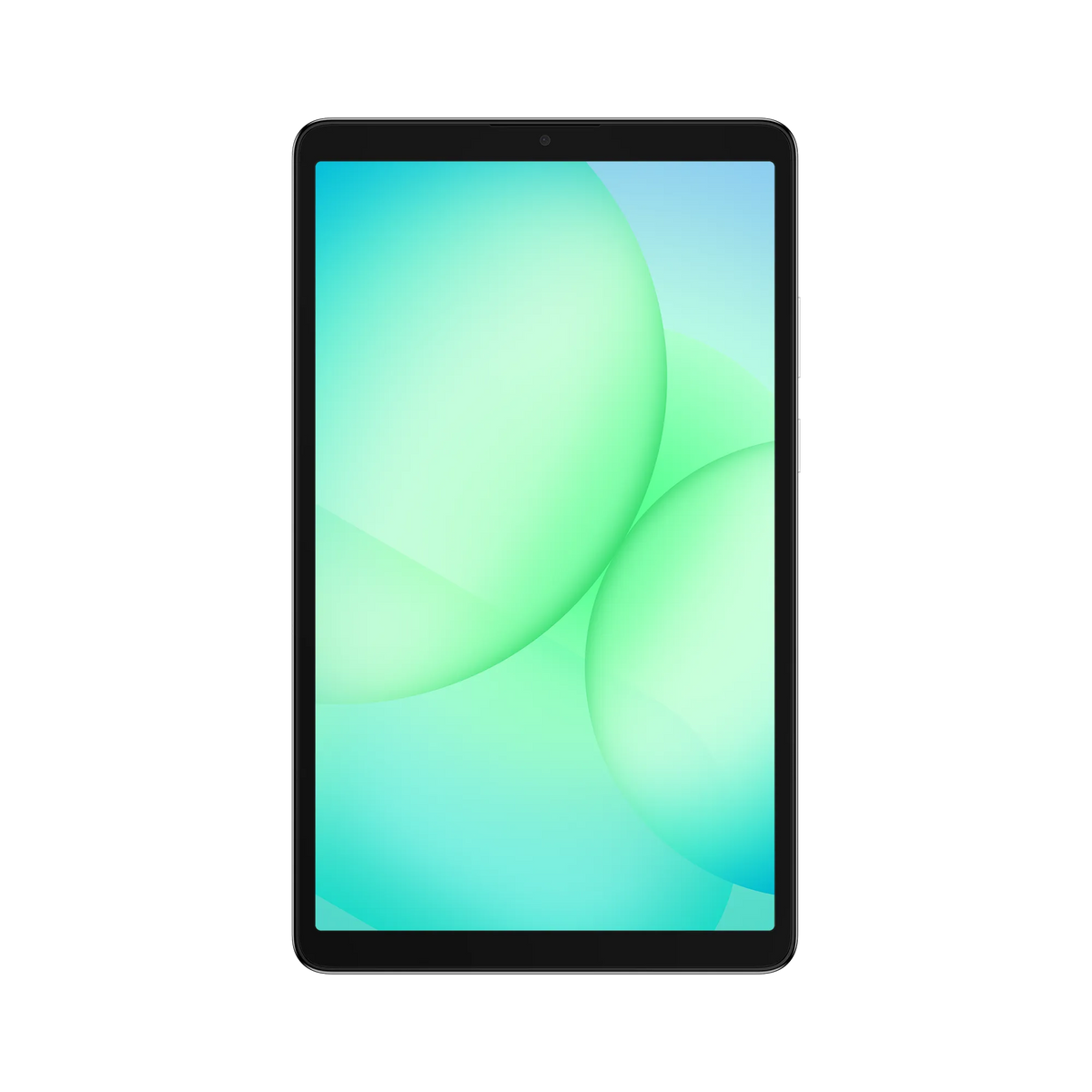 Samsung Galaxy Tab A11 in silver, front view with screen on displaying a green and blue abstract wallpaper.